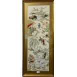 A Chinese embroidery, Tradition Chinese figures in monumental landscape, 85cm x 28cm, framed