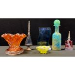 A Mdina glass bottle vase, unmarked; Carnival glass vase/bowl stand; Rose water sprinklers etc