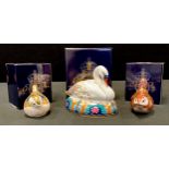 A Royal Crown Derby Paperweight, White Swan, gold stopper, boxed; others, Firecrest, gold stopper,
