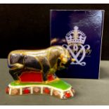 A Royal Crown Derby paperweight, Grecian Bull, gold stopper, printed marks, boxed