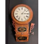 An American marquetry inlaid wall clock, cream dial, bold Roman numerals, shaped case with inset