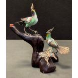 A Chinese cloisonné and silver filigree model, as two birds and a butterfly resting on a branch,