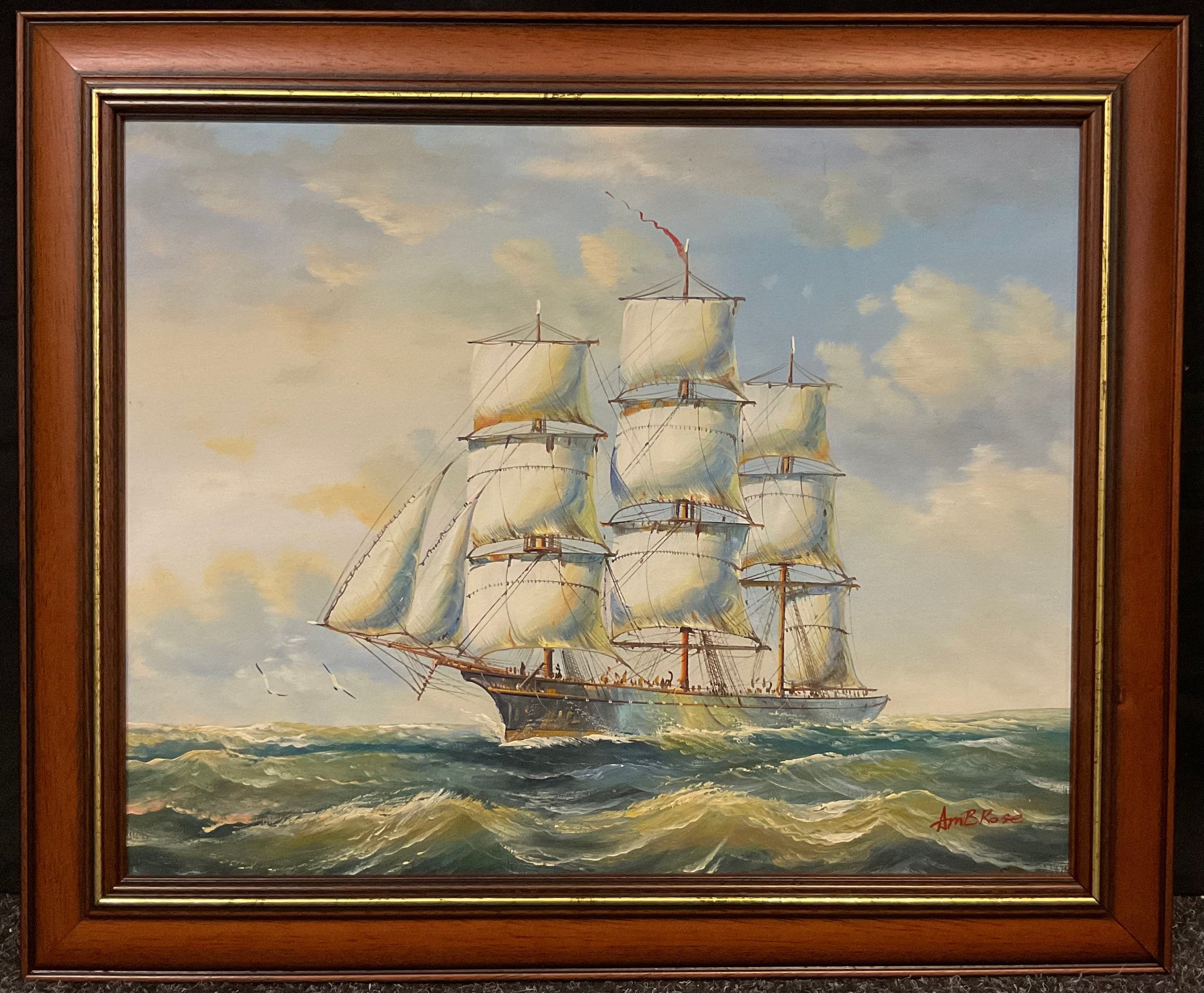 Ambrose, Clipper at Full Sail, signed oil on canvas laid on board, 39cm x 49cm; Melville, Naval - Image 3 of 3