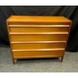 A mid 20th century teak chest of four graduated long drawers, retailed by Hunters Derby, 91cm