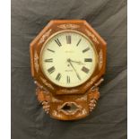 Local Interest - a Victorian mother of pearl inlaid oak drop dial wall clock, 30cm painted cream