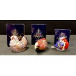 A Royal Crown Derby Paperweight, Coot; others Chicken, Robin, all silver stopper, all boxed (3)