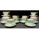 Royal Crown Derby - eight Vine pattern turquoise and gilt tea ups and saucer, four conforming coffee