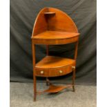 A George III inlaid mahogany bow front corner washstand, 111cm high, 60.5cm wide