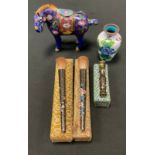 A Japanese Cloissone enamel horse, 11cm high; vase; pair of brushes etc (5)