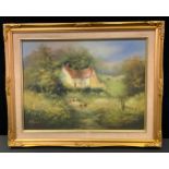 Les Parson (contemporary) Cottage with Chickens signed, oil on canvas, 29cm x 39cm