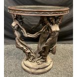 A mirror-top circular occasional table, the pedestal base in the form of the three graces, bronze