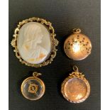 A Victorian cameo brooch, Madonna, gilt metal mount, 5.5cm x 50cm; rolled gold locket; another;