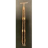 A fancy link gold coloured metal double Albert chain, T bar terminal, 38cm long, stamped 9ct, 17.1g