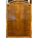 A mid 20th century oak school honours board, from Stancliffe Hall school, Darley Dale, 124.5cm x