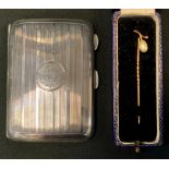 Jewellery & Silver; a 9ct gold oval pearl set tie pin, stamped 9ct, 1g gross, cased; a silver
