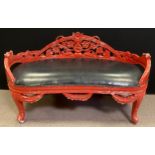 An early 20th century French rococo style window / love seat, carved and painted fruitwood, 71cm