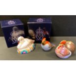 A Royal Crown Derby Paperweight Swan, another seated Cockerel both gold stoppers, both boxed;