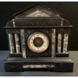 A Victorian black slate noir belge mantel clock, 42cm tall x 44cm wide.