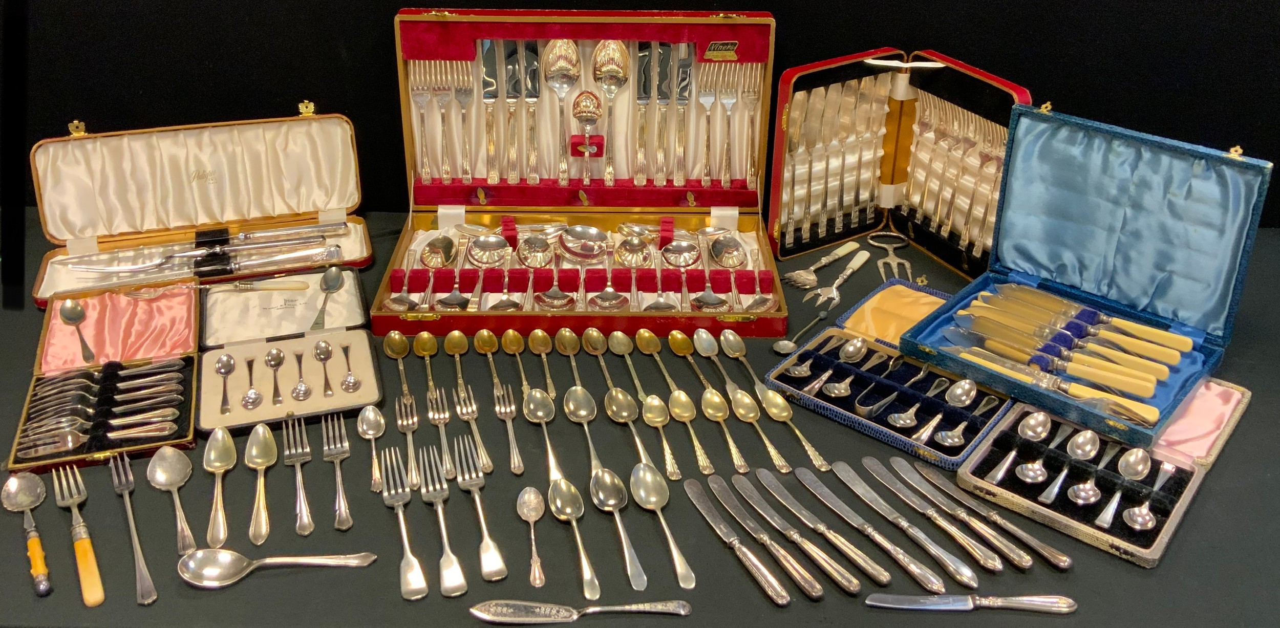 A Pedigree silver plated canteen, for six, cased; others similar inc servings set, etc; silver
