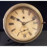 A brass ships wall clock, Roman numerals, subsidiary seconds dial, chain fusee movement, 24.5cm
