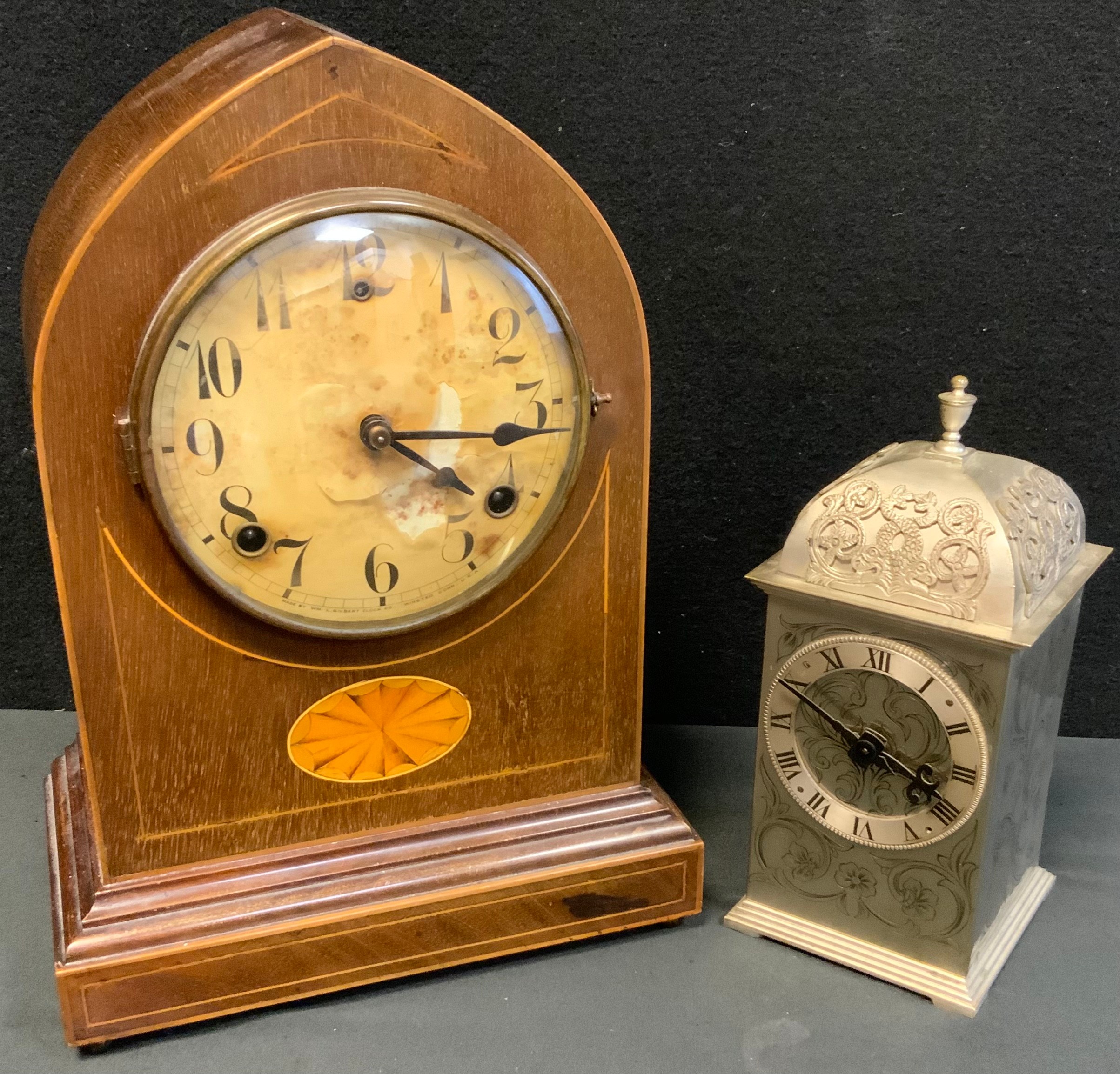 L Gilbert Edwardian Lancet Mantel clock, twin holes, inlaid motif, 32cm tall; other (2)