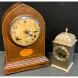 L Gilbert Edwardian Lancet Mantel clock, twin holes, inlaid motif, 32cm tall; other (2)