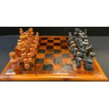 A modern chess set and board, turned piece, the king 14cm high