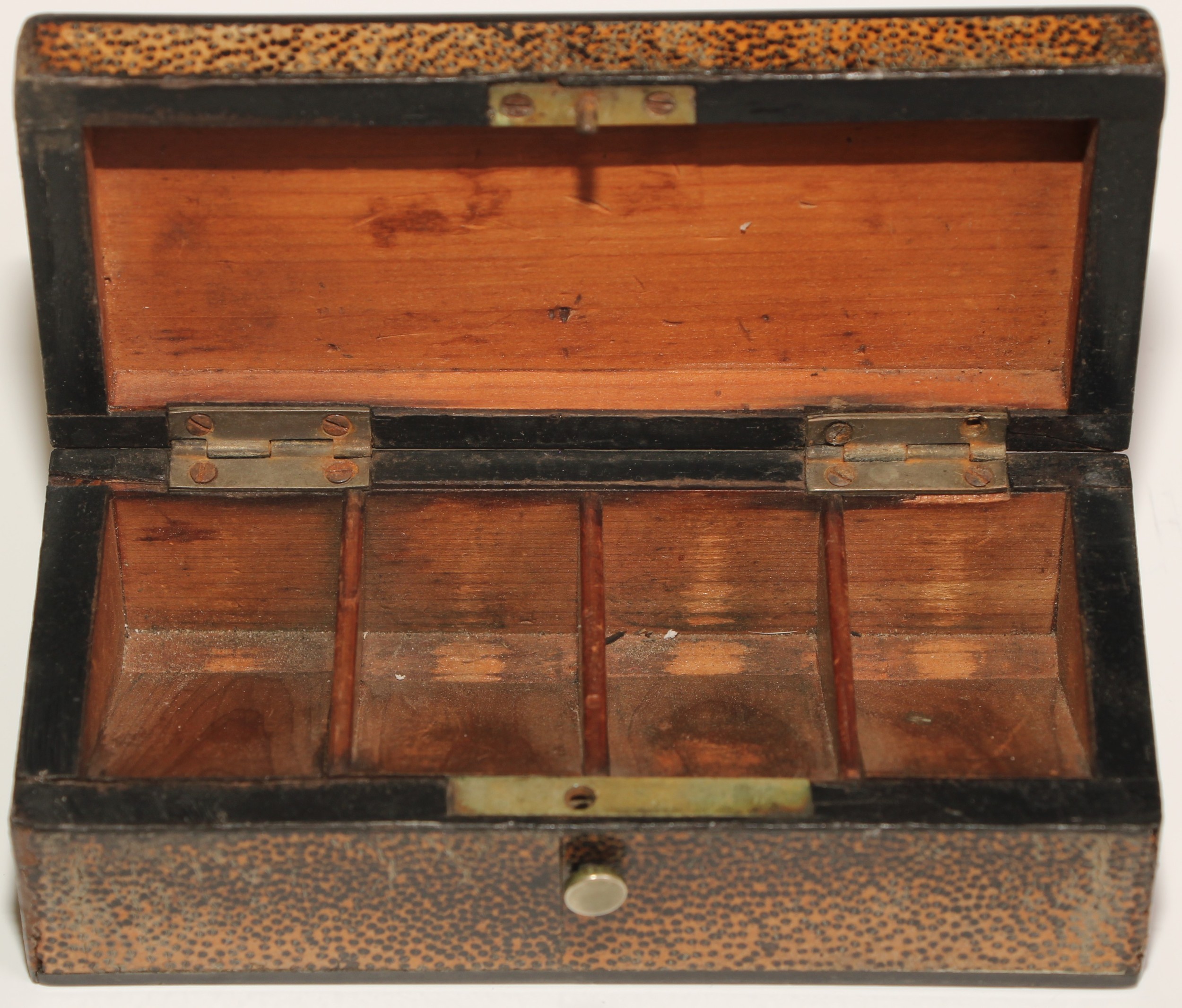 A 19th century specimen timber rectangular stamp box, hinged cover enclosing four compartments, 12cm - Image 2 of 4