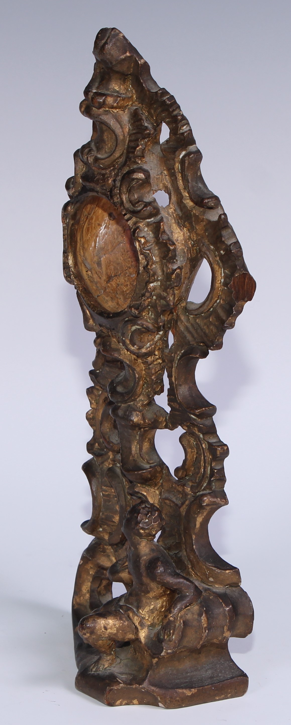 A sculptural 19th century gilt wood pocket watch stand, carved in the Rococo taste with a scantily - Image 3 of 4