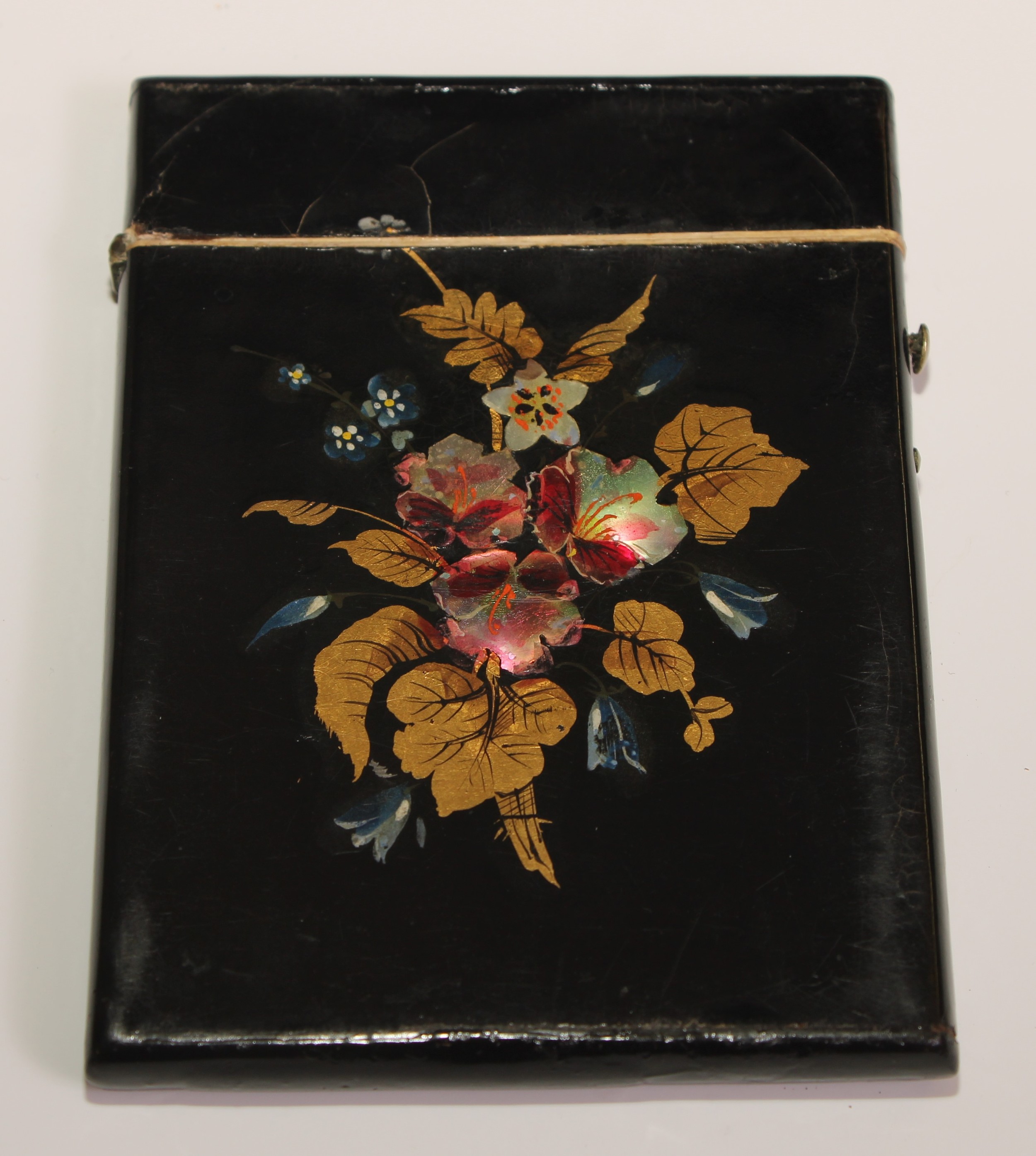 A Victorian papier mache rectangular visiting card case, inlaid with mother of pearl and decorated - Image 3 of 3