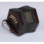 A 19th century concertina, by Jones & Son, London, fretwork pierced hexagonal ends, green leather