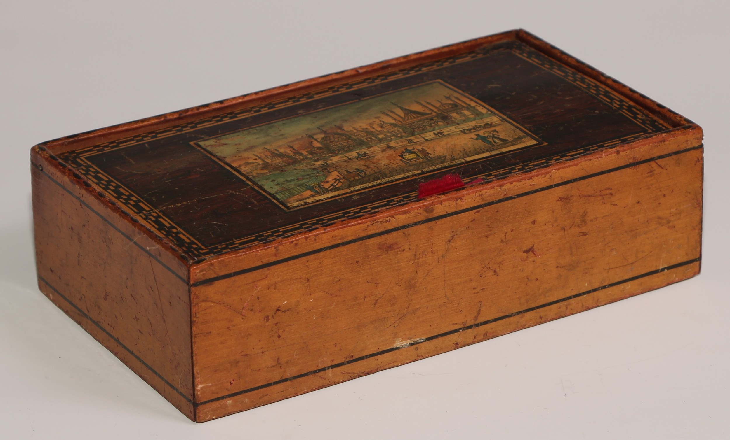 A 19th century Tunbridge ware type white wood box, the cover decorated with a named view, Pavilion - Image 4 of 6