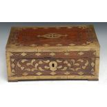 A 19th century Indian hardwood and brass marquetry rectangular writing box, hinged cover enclosing a