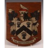 Heraldry - a shield, polychrome painted with coat of arms and motto, 34.5cm x 27.5cm