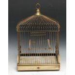 An early 20th century brass rectangular bird cage, domed canopy, sliding tray to base, bun feet,