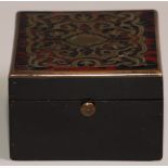 A 19th century French boulle and ebonised rectangular pocket watch box, hinged cover enclosing a