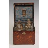 A 19th century Dutch mahogany and marquetry decanter box, hinged cover enclosing four gilt bottles