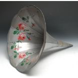 A large early 20th century tin phonograph horn, 77cm high; others (4)
