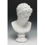 After the antique, a plaster library bust, head of Apollo, waisted socle, 40cm high