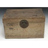 A 19th century Chinese vellum chest, swing handles to sides, Chinese character marks to front, 42.
