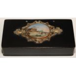 A 19th century French papier mache rounded rectangular table snuff box, hinged cover applied with