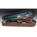 A violin, the two-piece back 35.5cm long excluding button, Compagnon label, ebony tuning pegs,