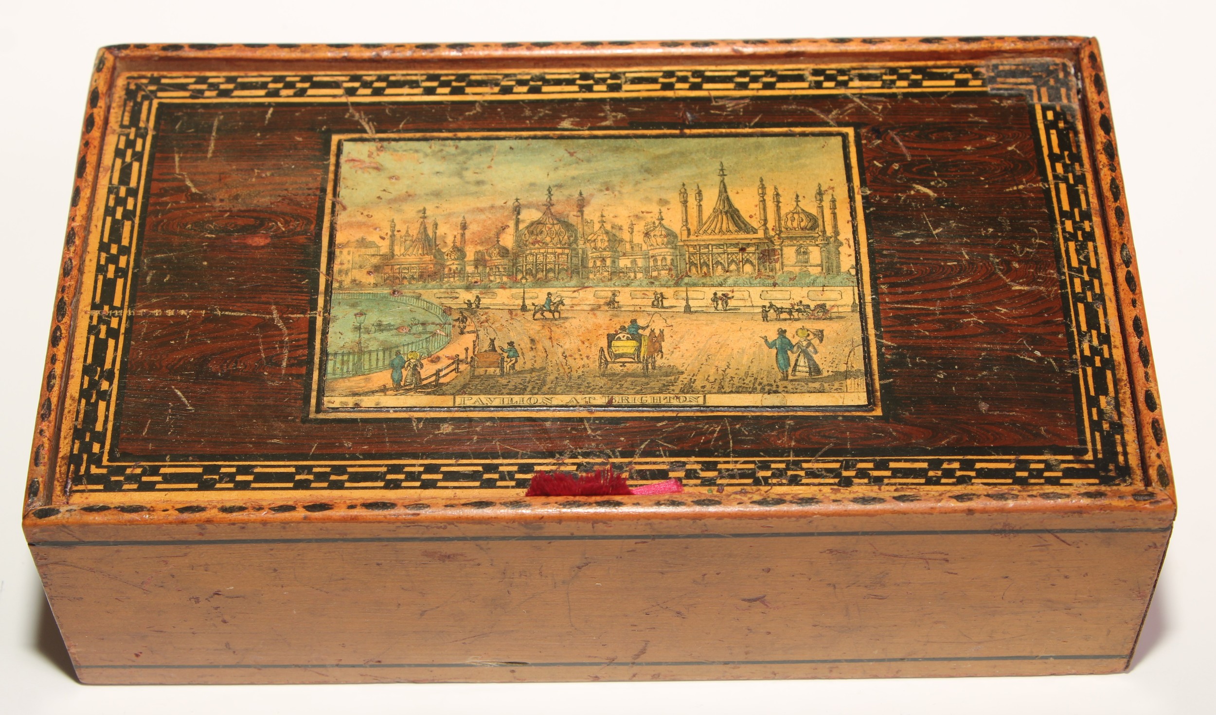 A 19th century Tunbridge ware type white wood box, the cover decorated with a named view, Pavilion