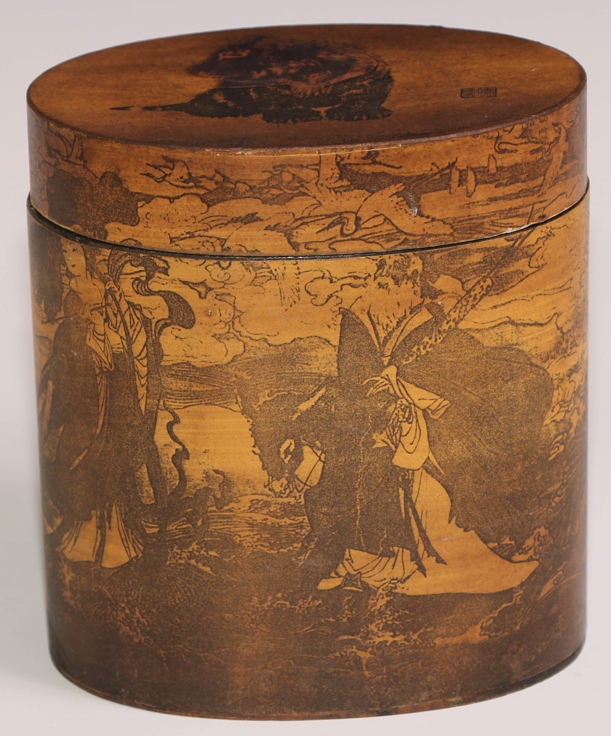 A stacking nest of Japanese oval boxes, decorated with bears and narratuve scenes, the largest 13. - Image 3 of 18