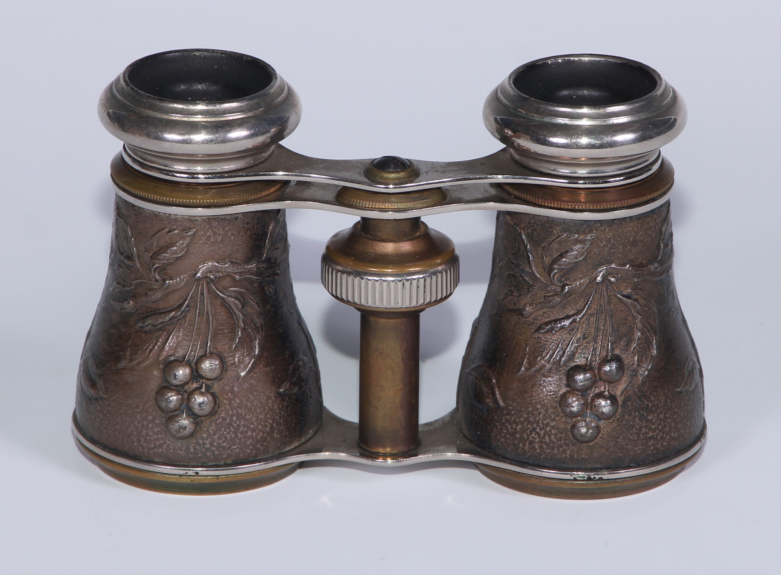 A pair of French Aesthetic Movement opera glasses, decorated in relief with birds on fruiting - Image 2 of 7