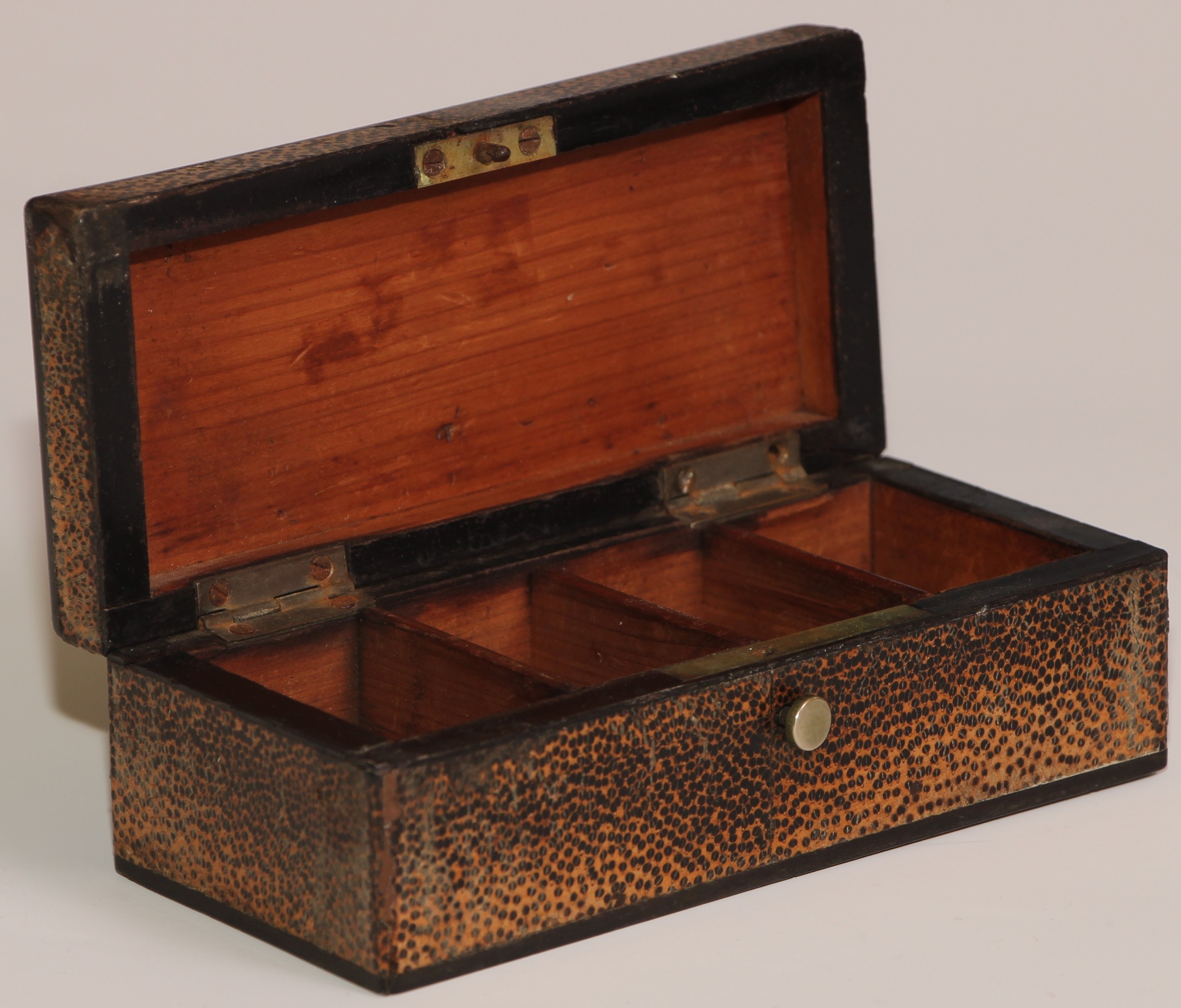A 19th century specimen timber rectangular stamp box, hinged cover enclosing four compartments, 12cm - Image 4 of 4