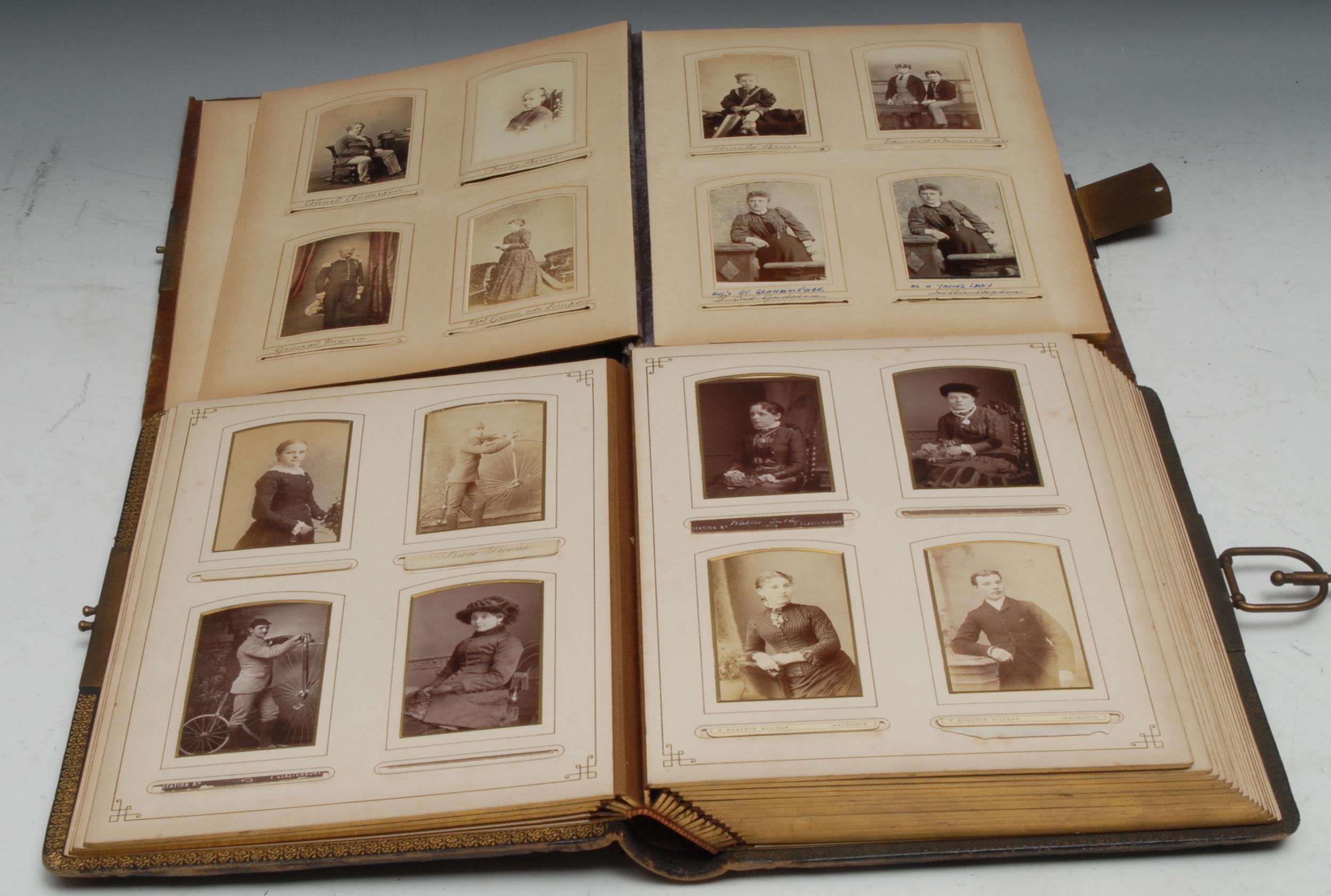 Photography - a late 19th century tooled leather carte de visite album, containing mostly single - Image 2 of 5