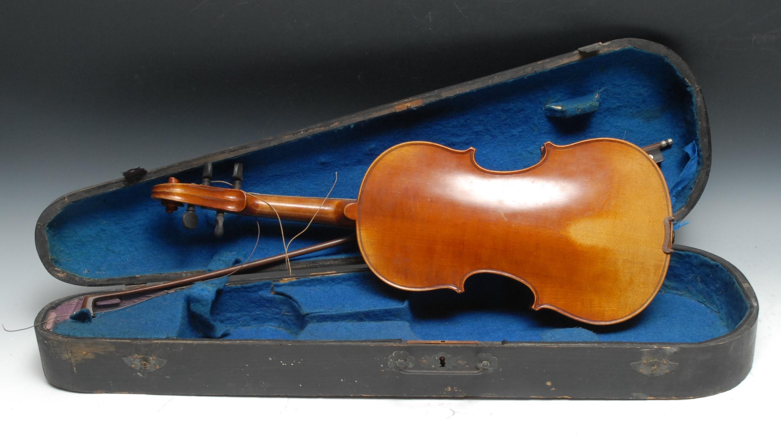 A violin, the one-piece back 33cm excluding button, Copie de Stradivarius label, ebony tuning - Image 2 of 3