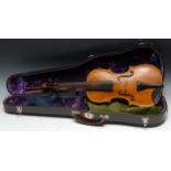 A violin, the one-piece back 35.5cm long excluding button, stamped Hopf, rosewood tuning pegs,