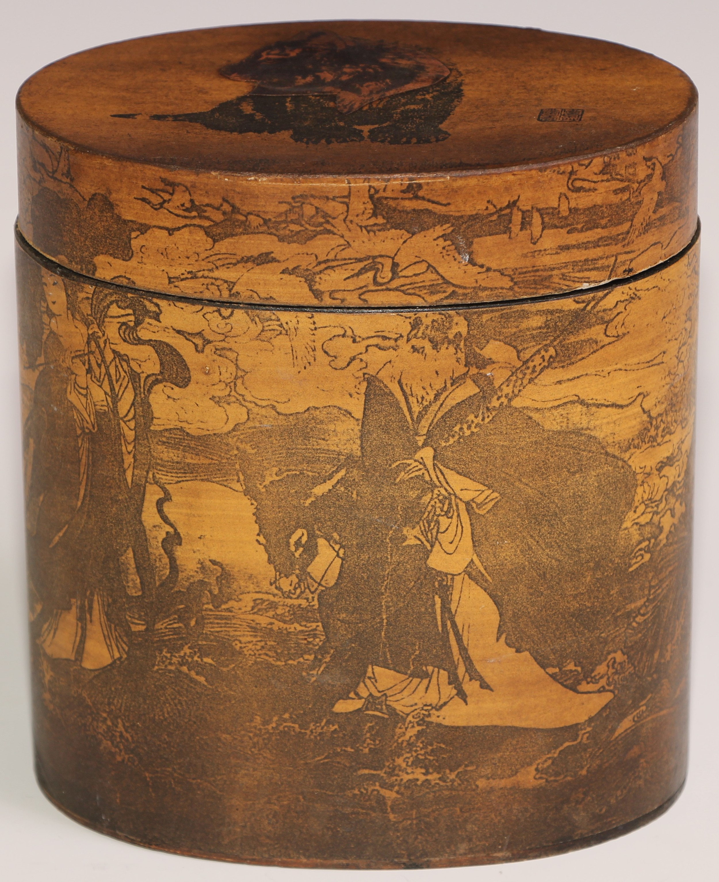 A stacking nest of Japanese oval boxes, decorated with bears and narratuve scenes, the largest 13. - Image 18 of 18